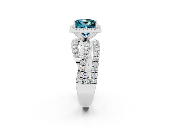 White gold Princess Cut Blue Topaz Halo Ring with Round Split Shank and Prong Setting