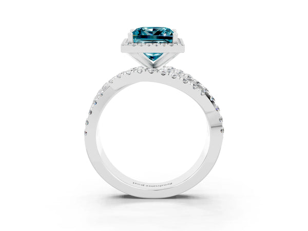 Platinum Princess Cut Blue Topaz Halo Ring with Round Split Shank and Prong Setting