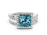 White gold Princess Cut Blue Topaz Halo Ring with Round Split Shank and Prong Setting_61