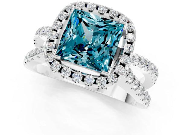 Silver Princess Cut Blue Topaz Halo Ring with Split Shank Pavé Band and Prong Setting
