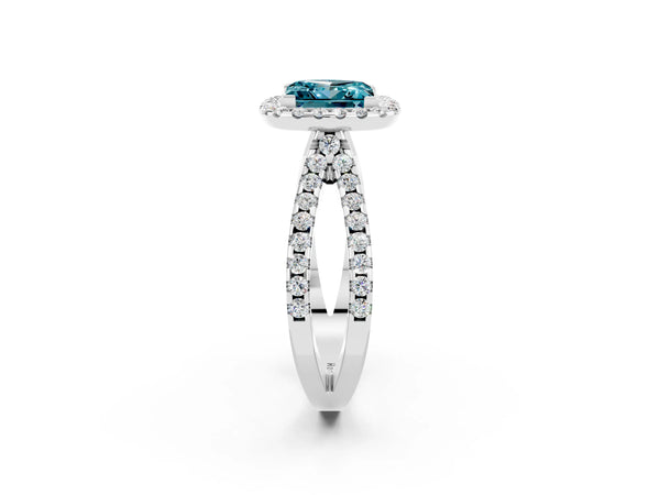 White gold Princess Cut Blue Topaz Halo Ring with Split Shank Pavé Band and Prong Setting