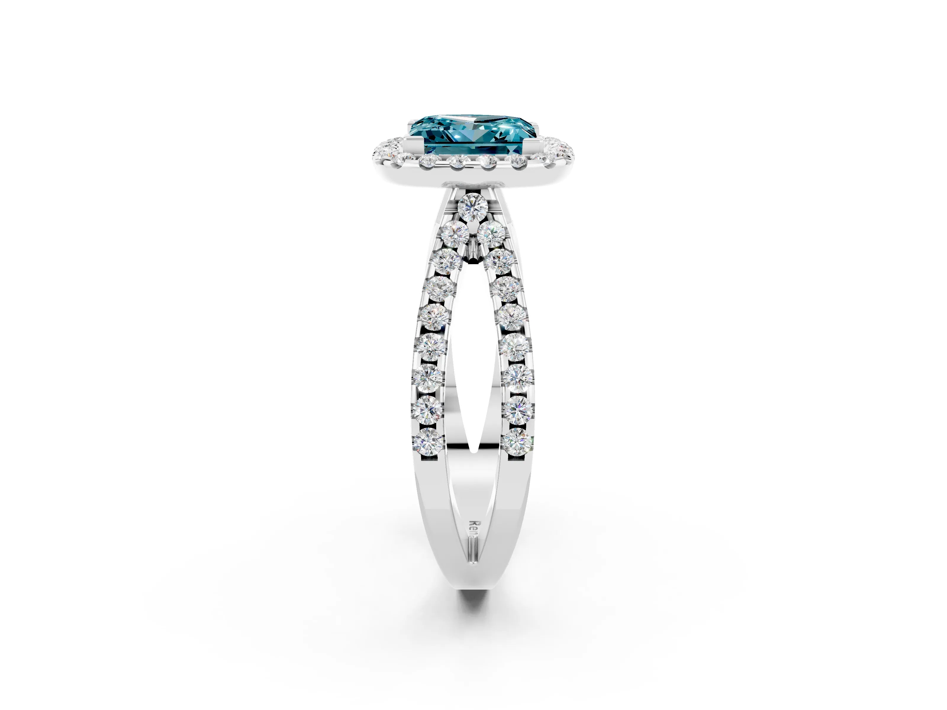 White gold Princess Cut Blue Topaz Halo Ring with Split Shank Pavé Band and Prong Setting_2