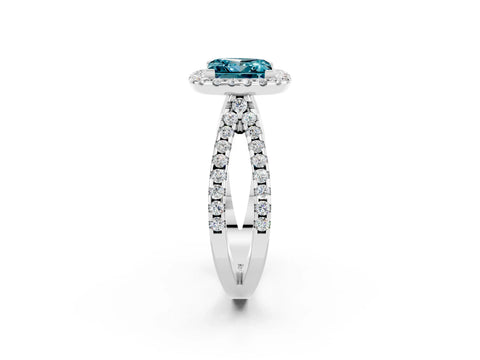 White gold Princess Cut Blue Topaz Halo Ring with Split Shank Pavé Band and Prong Setting_2