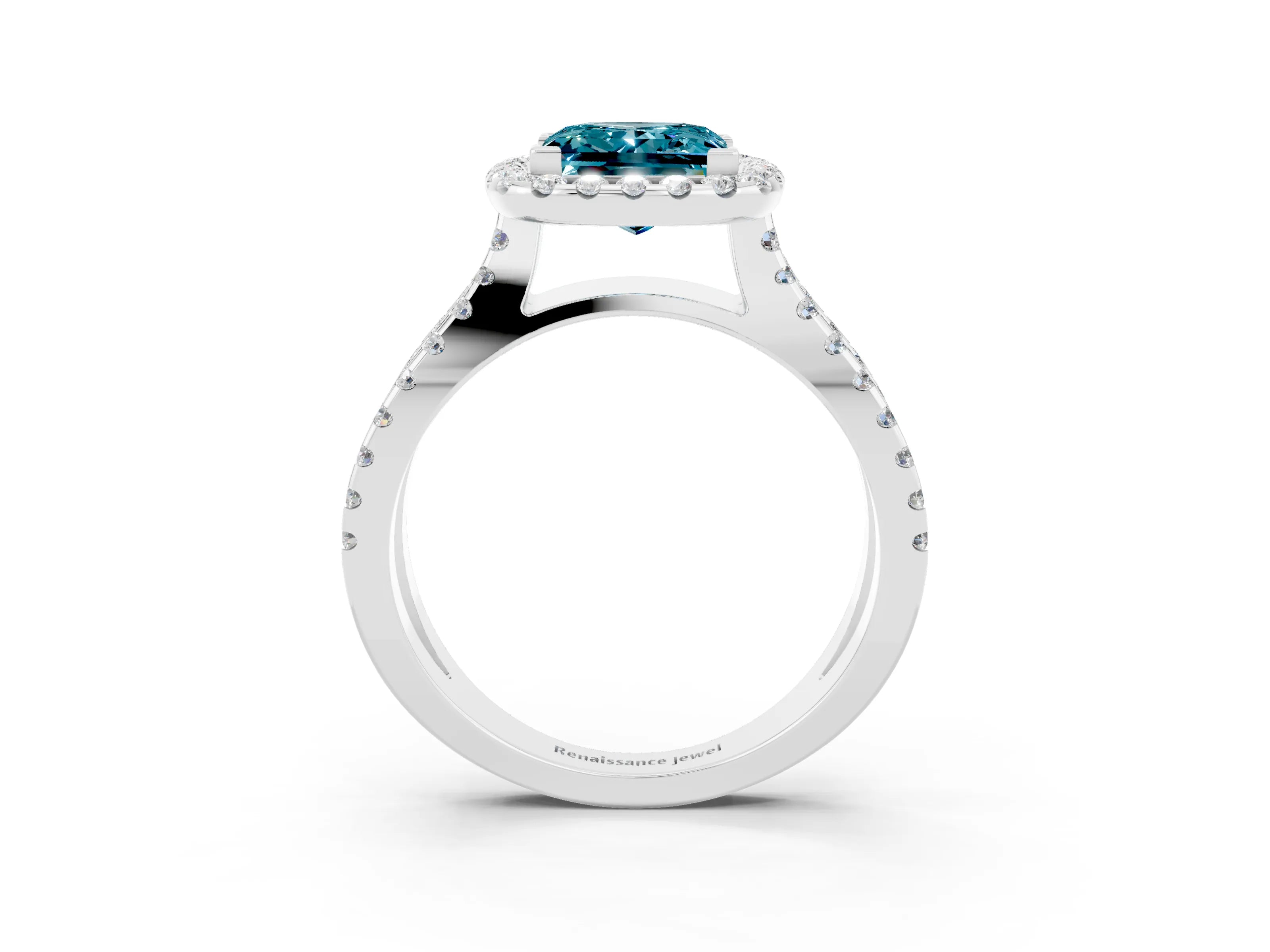 White gold Princess Cut Blue Topaz Halo Ring with Split Shank Pavé Band and Prong Setting_3