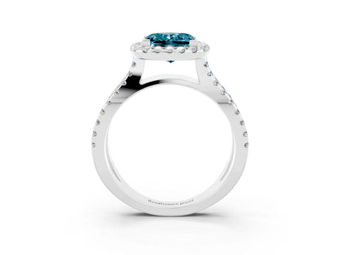 White gold Princess Cut Blue Topaz Halo Ring with Split Shank Pavé Band and Prong Setting_3