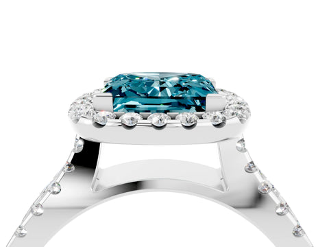 White gold Princess Cut Blue Topaz Halo Ring with Split Shank Pavé Band and Prong Setting_4