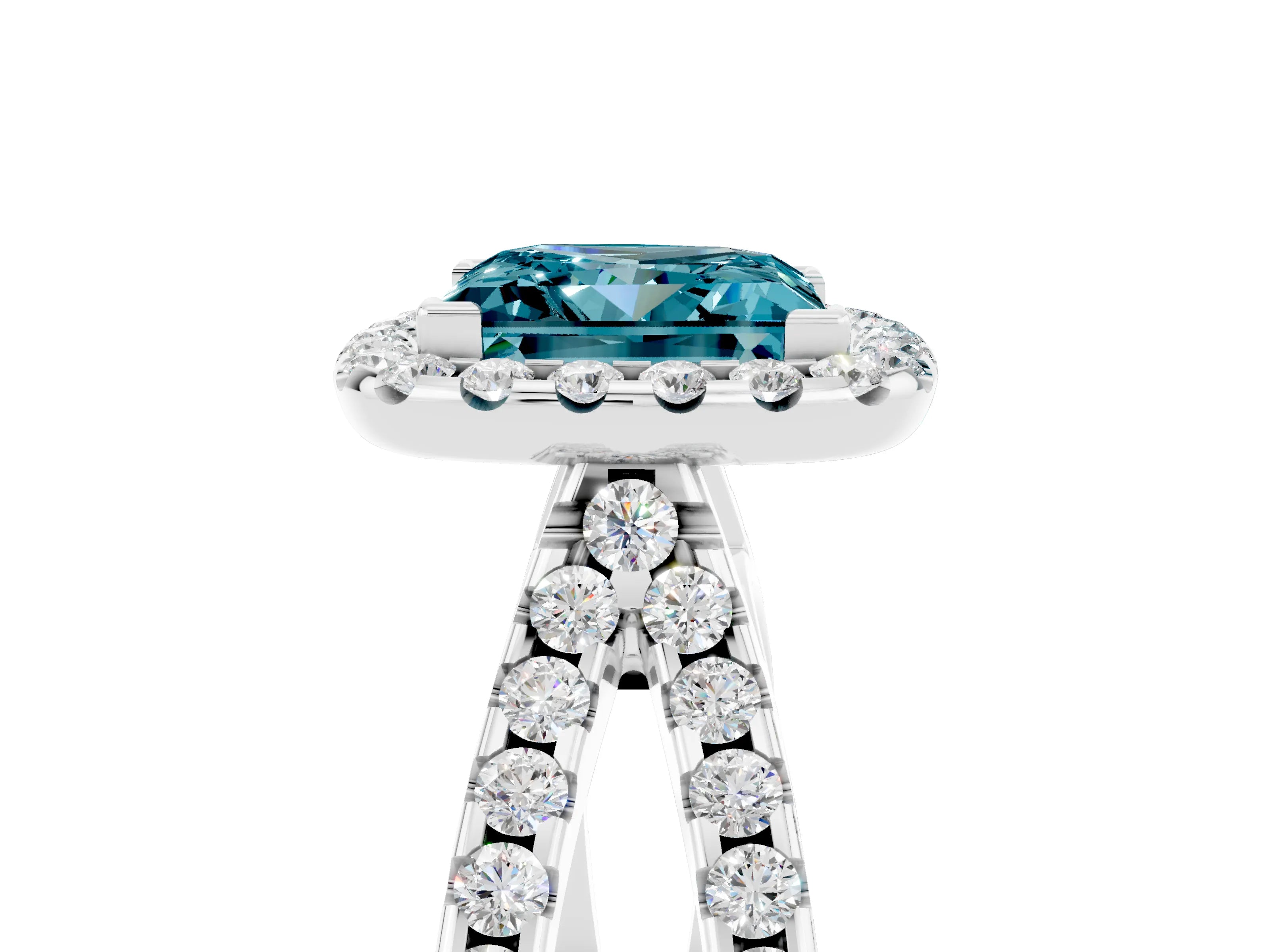White gold Princess Cut Blue Topaz Halo Ring with Split Shank Pavé Band and Prong Setting_5
