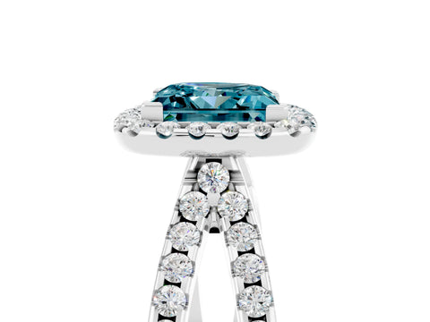 White gold Princess Cut Blue Topaz Halo Ring with Split Shank Pavé Band and Prong Setting_5
