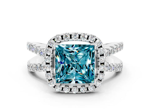 White gold Princess Cut Blue Topaz Halo Ring with Split Shank Pavé Band and Prong Setting