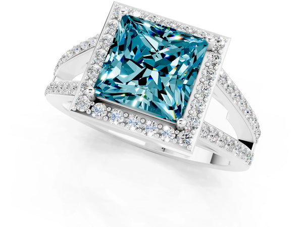 Platinum Princess Cut Blue Topaz Halo Ring with Split Shank U-Prong Band and Four-Prong Setting