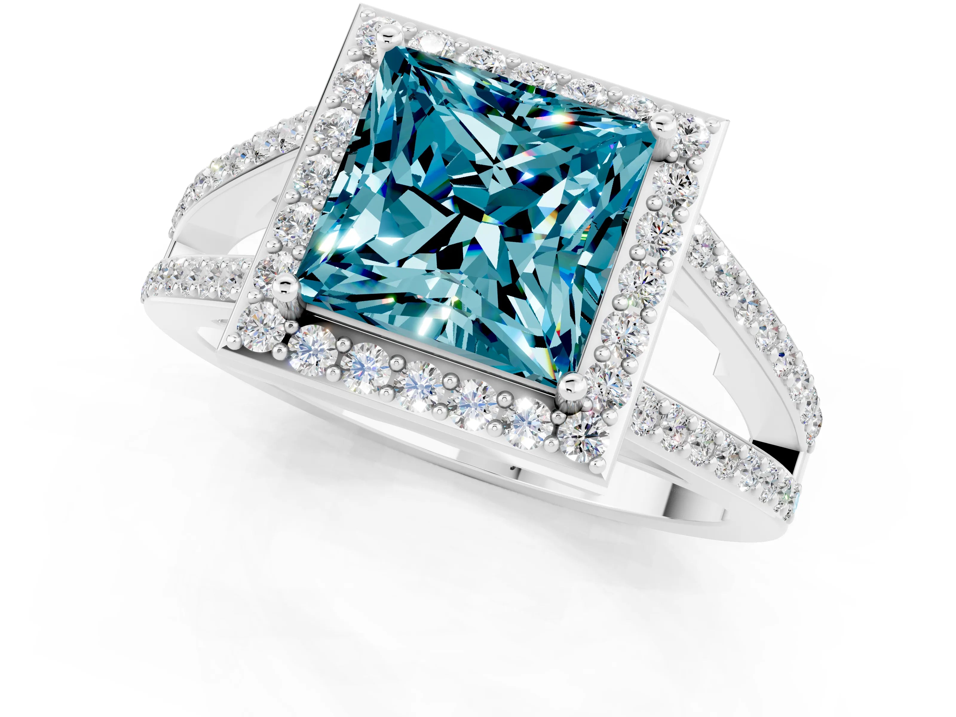 White gold Princess Cut Blue Topaz Halo Ring with Split Shank U-Prong Band and Four-Prong Setting_1