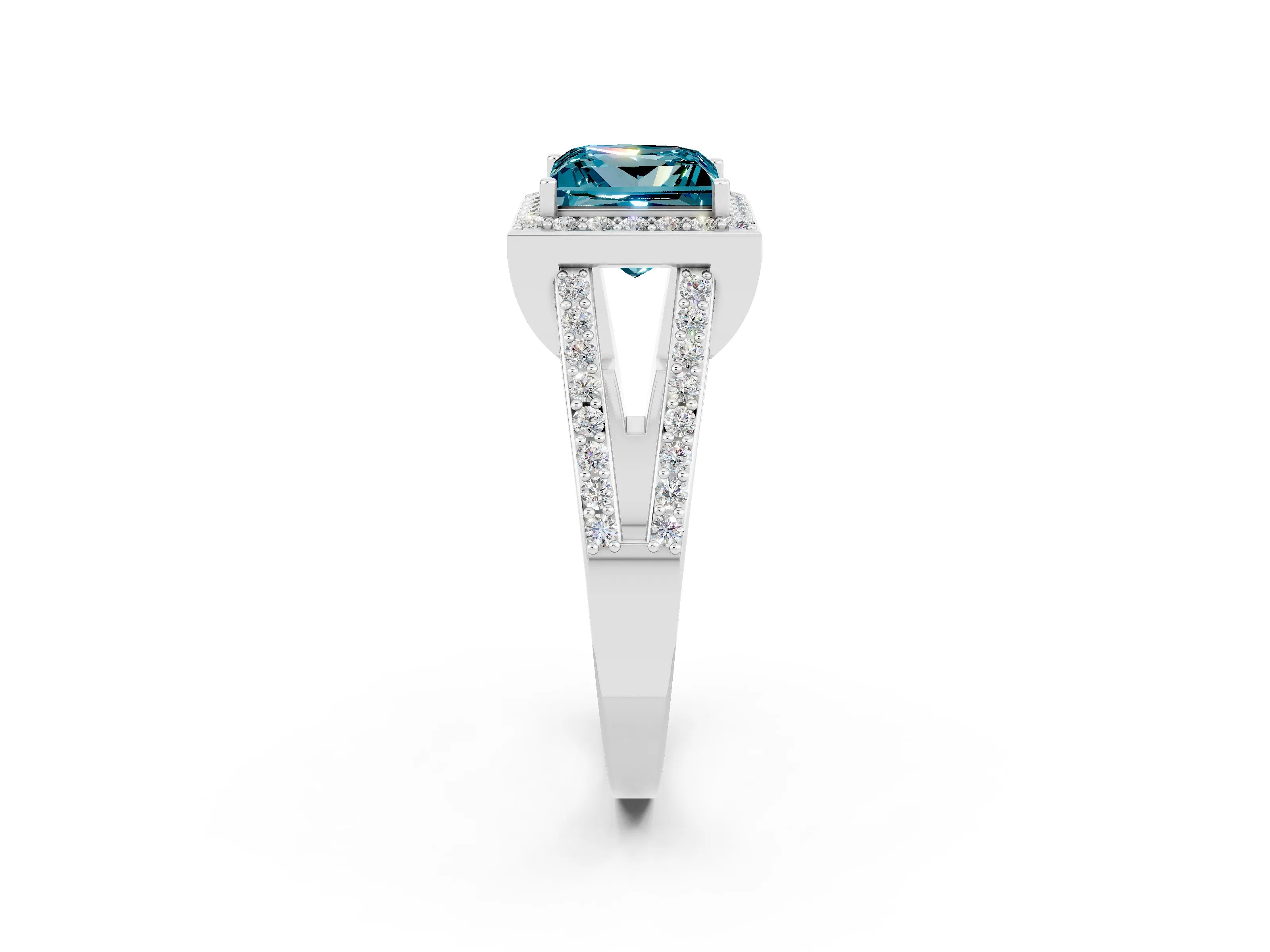 White gold Princess Cut Blue Topaz Halo Ring with Split Shank U-Prong Band and Four-Prong Setting_2