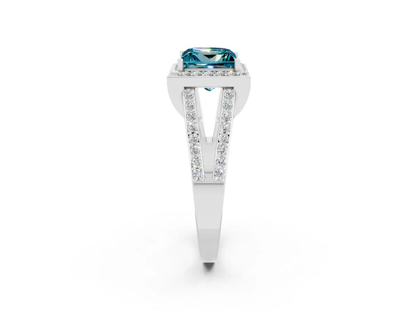 Platinum Princess Cut Blue Topaz Halo Ring with Split Shank U-Prong Band and Four-Prong Setting