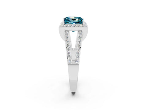 White gold Princess Cut Blue Topaz Halo Ring with Split Shank U-Prong Band and Four-Prong Setting_2