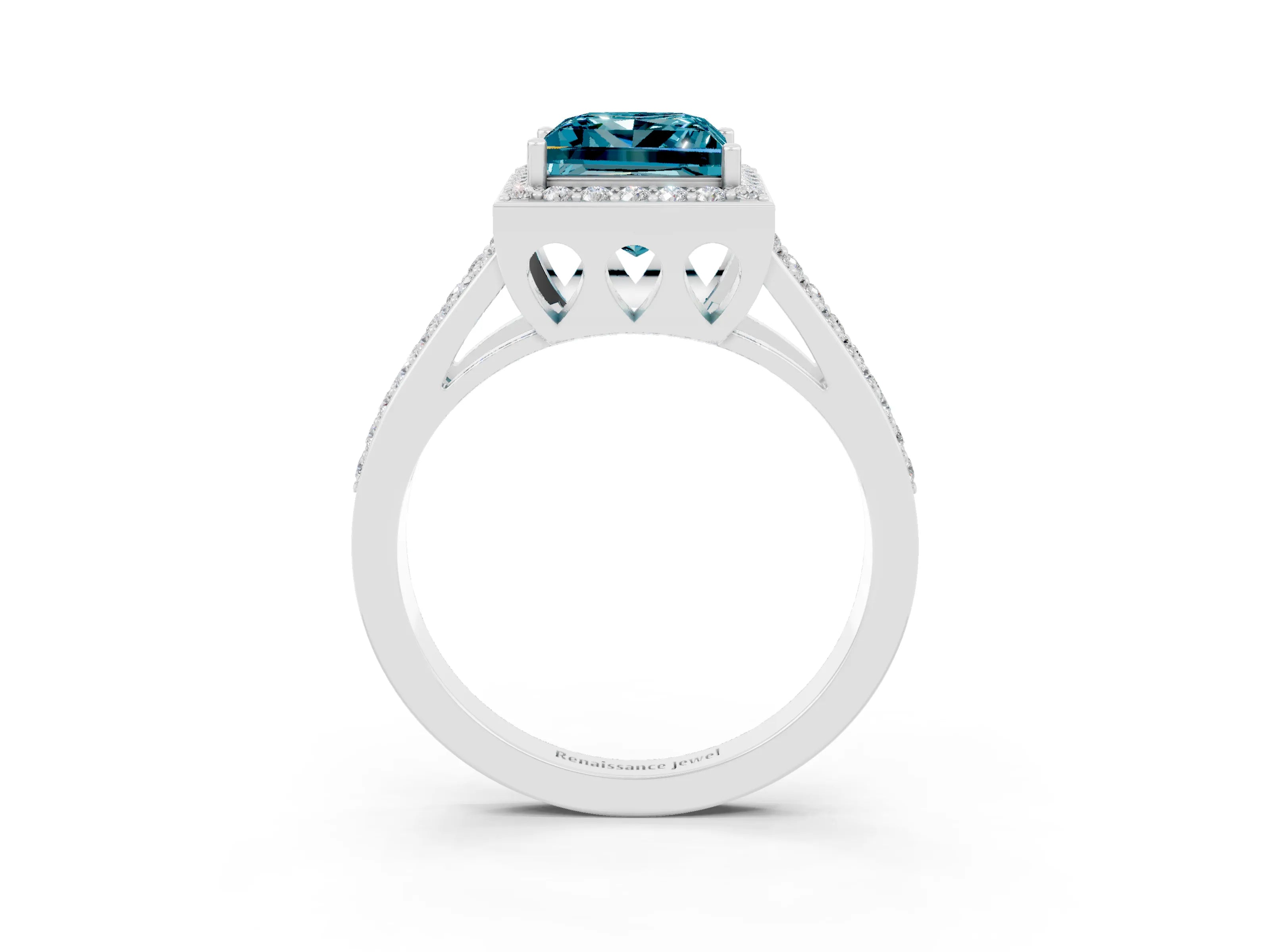 White gold Princess Cut Blue Topaz Halo Ring with Split Shank U-Prong Band and Four-Prong Setting_3