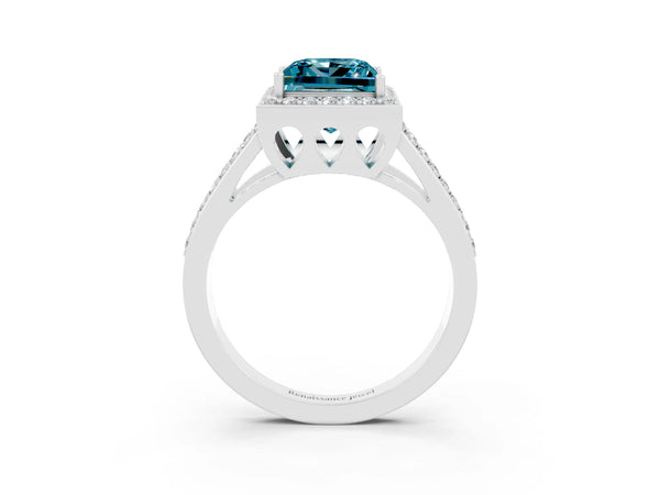 White gold Princess Cut Blue Topaz Halo Ring with Split Shank U-Prong Band and Four-Prong Setting