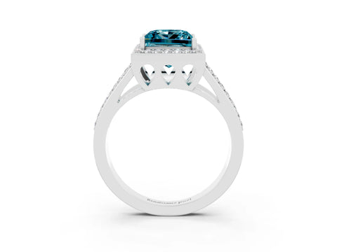 White gold Princess Cut Blue Topaz Halo Ring with Split Shank U-Prong Band and Four-Prong Setting_3