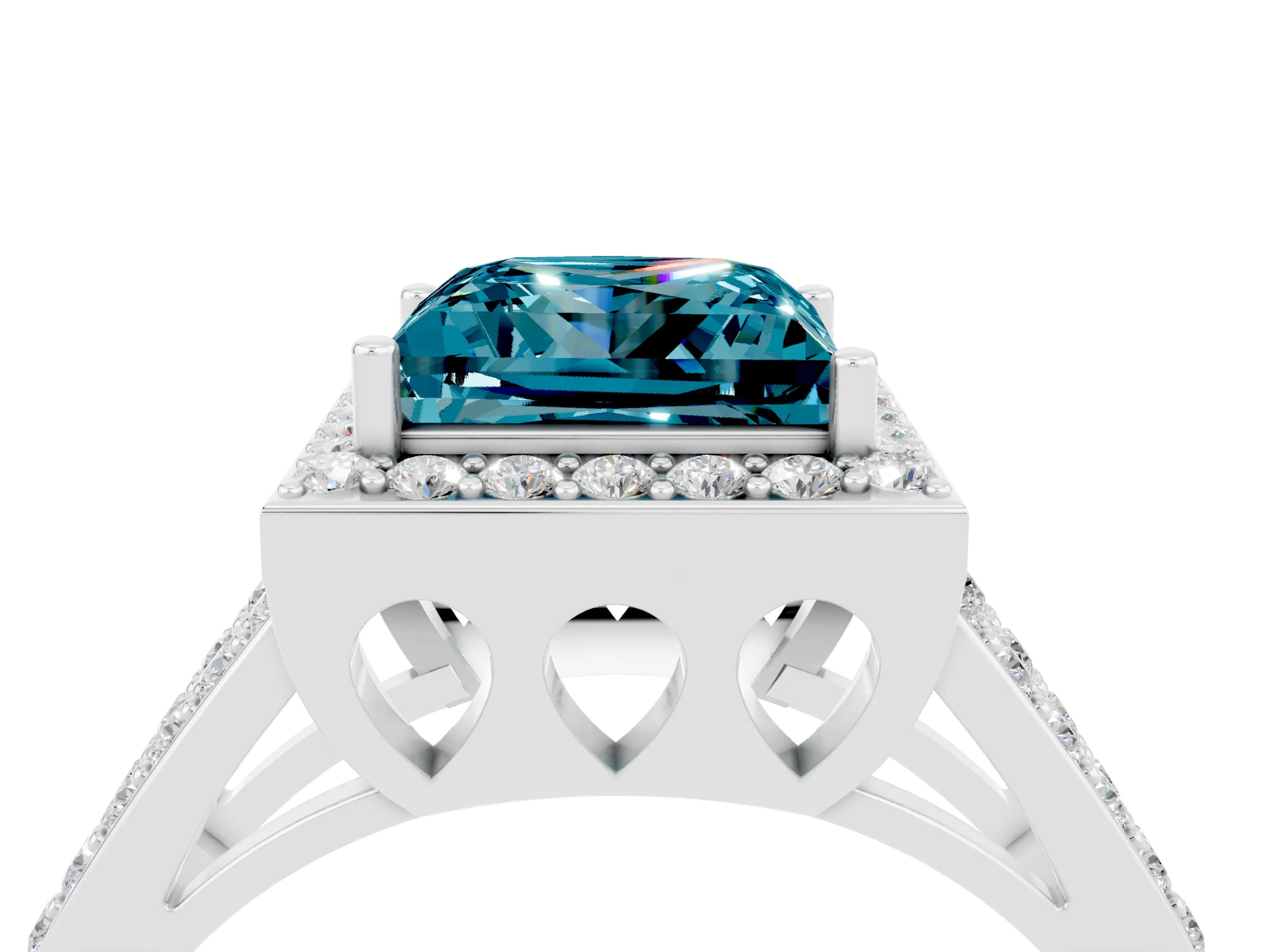White gold Princess Cut Blue Topaz Halo Ring with Split Shank U-Prong Band and Four-Prong Setting_4