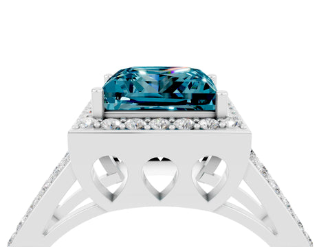 White gold Princess Cut Blue Topaz Halo Ring with Split Shank U-Prong Band and Four-Prong Setting_4