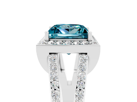 White gold Princess Cut Blue Topaz Halo Ring with Split Shank U-Prong Band and Four-Prong Setting_5
