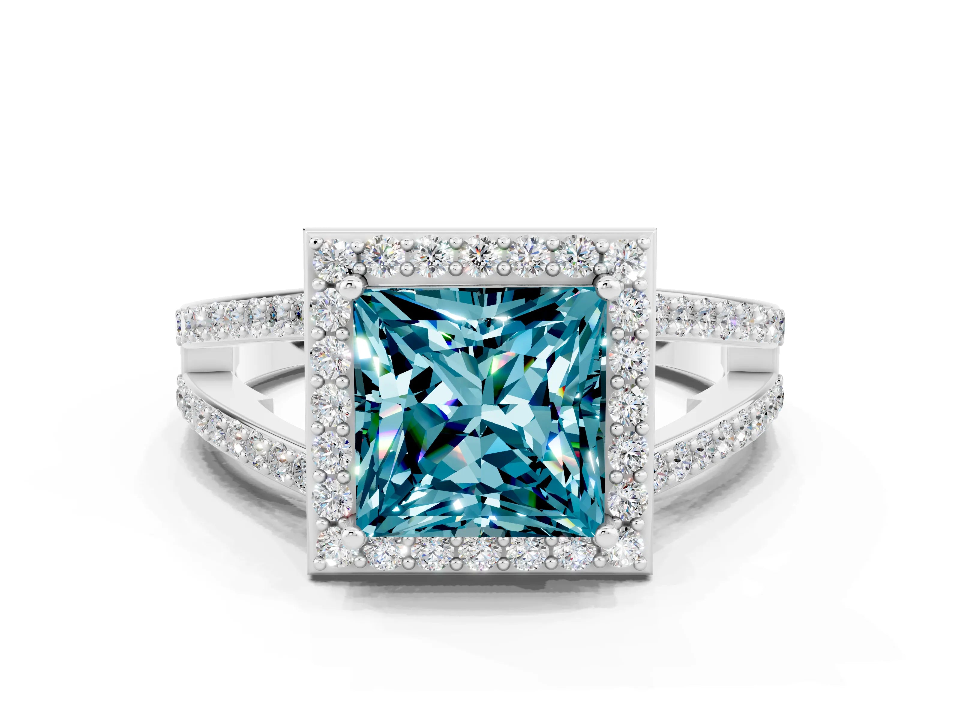 White gold Princess Cut Blue Topaz Halo Ring with Split Shank U-Prong Band and Four-Prong Setting