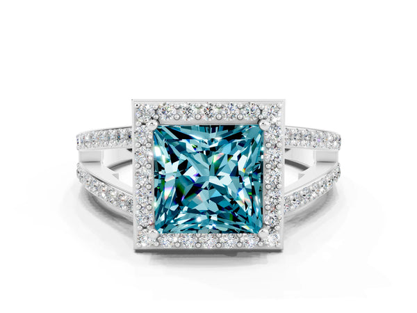 White gold Princess Cut Blue Topaz Halo Ring with Split Shank U-Prong Band and Four-Prong Setting