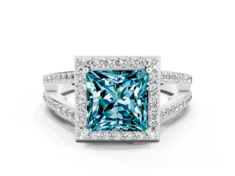 White gold Princess Cut Blue Topaz Halo Ring with Split Shank U-Prong Band and Four-Prong Setting