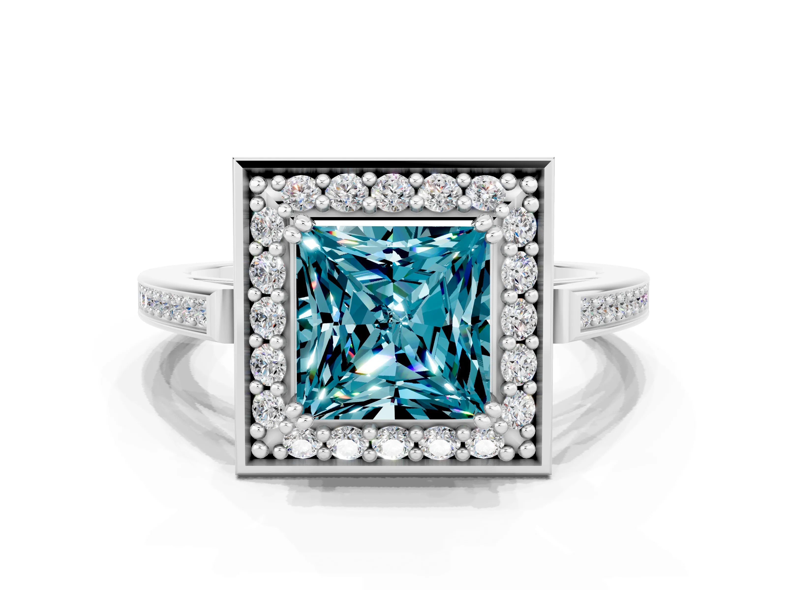 White gold Princess Cut Blue Topaz Halo Ring with Split Shank and Four-Prong Setting_12