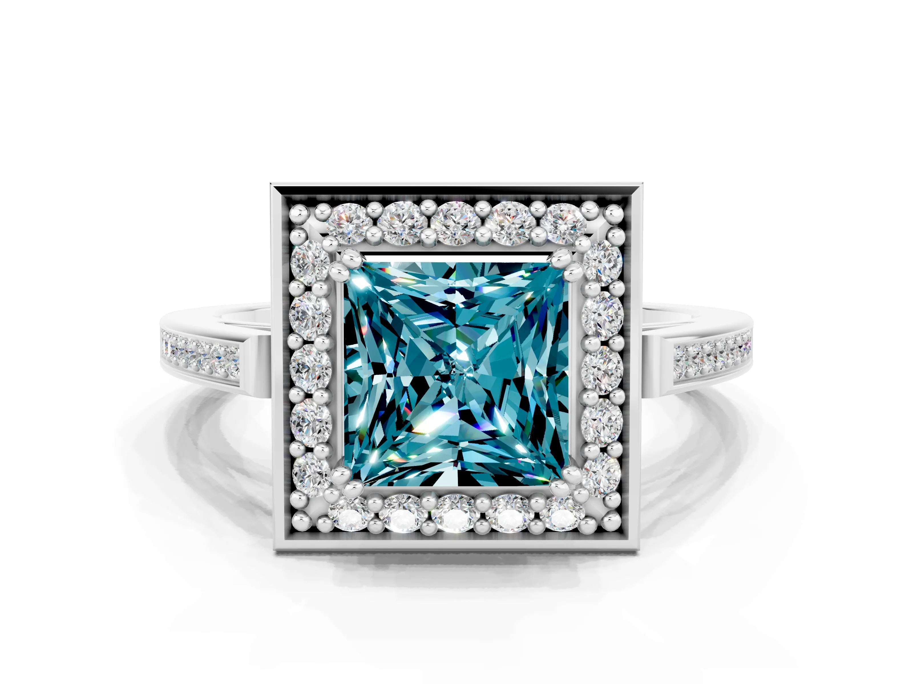 White gold Princess Cut Blue Topaz Halo Ring with Split Shank and Four-Prong Setting_12