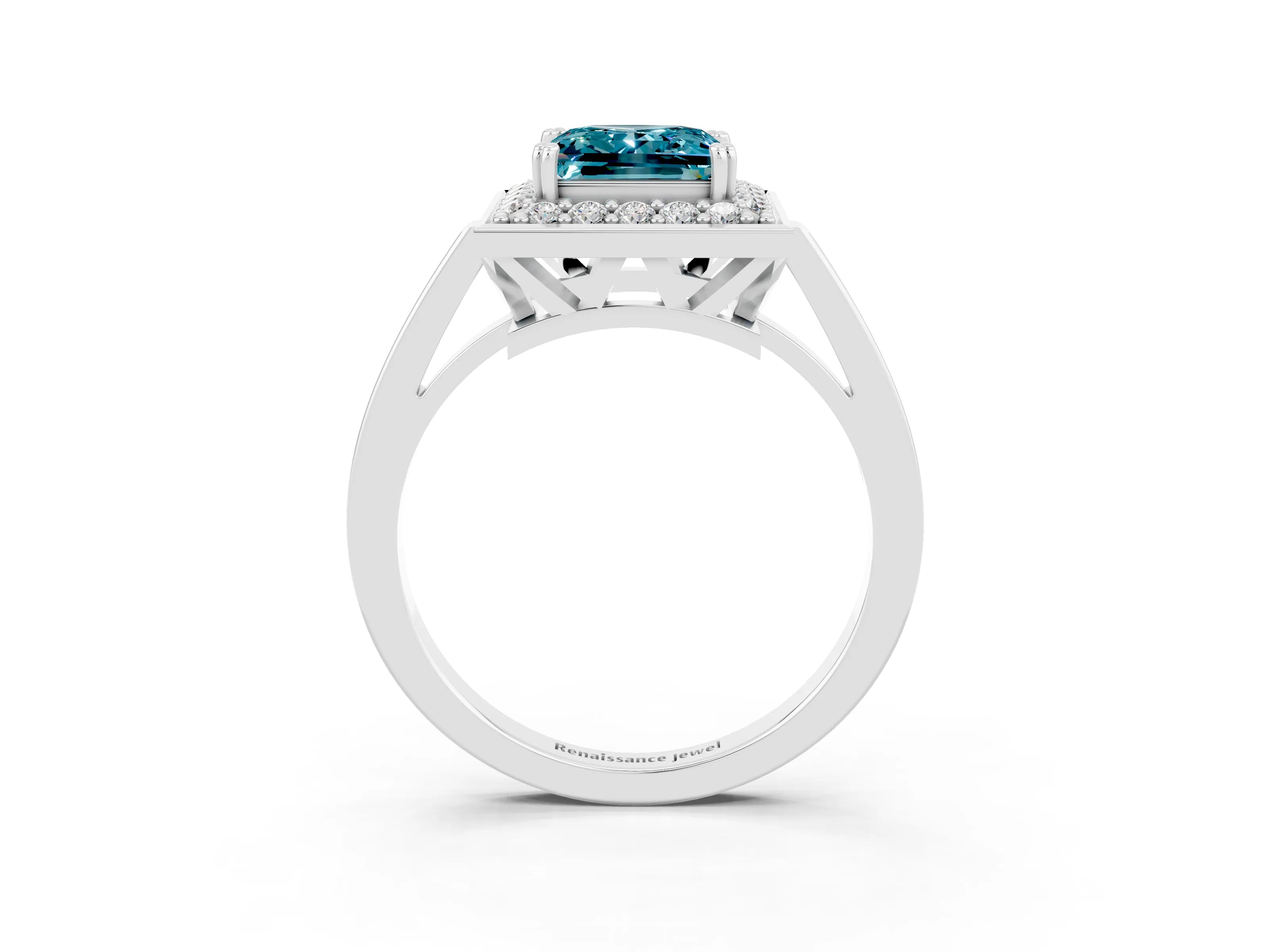 White gold Princess Cut Blue Topaz Halo Ring with Split Shank and Four-Prong Setting_15