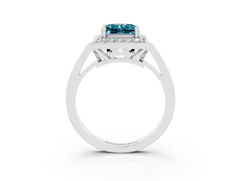 White gold Princess Cut Blue Topaz Halo Ring with Split Shank and Four-Prong Setting_15