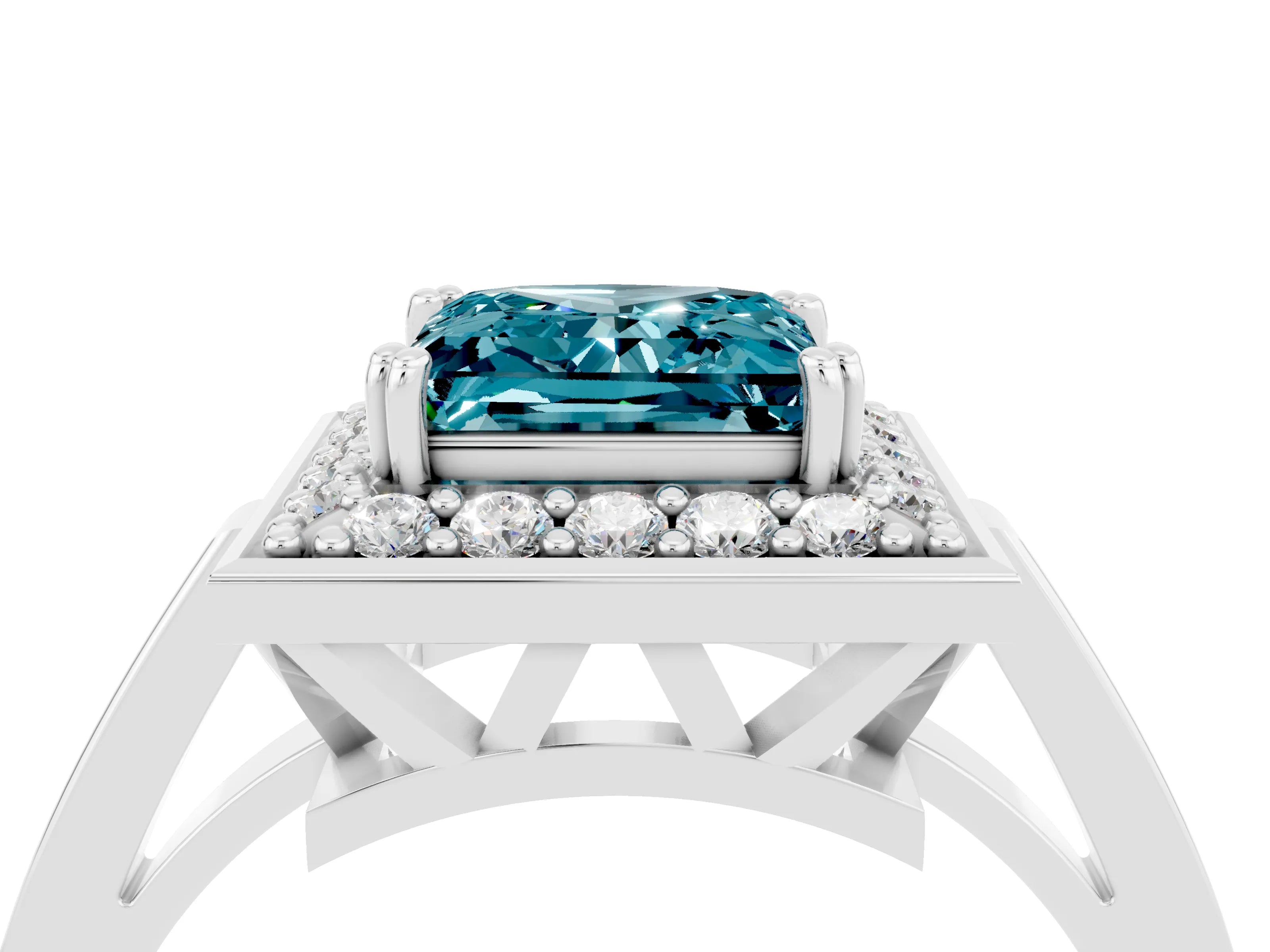 White gold Princess Cut Blue Topaz Halo Ring with Split Shank and Four-Prong Setting_16