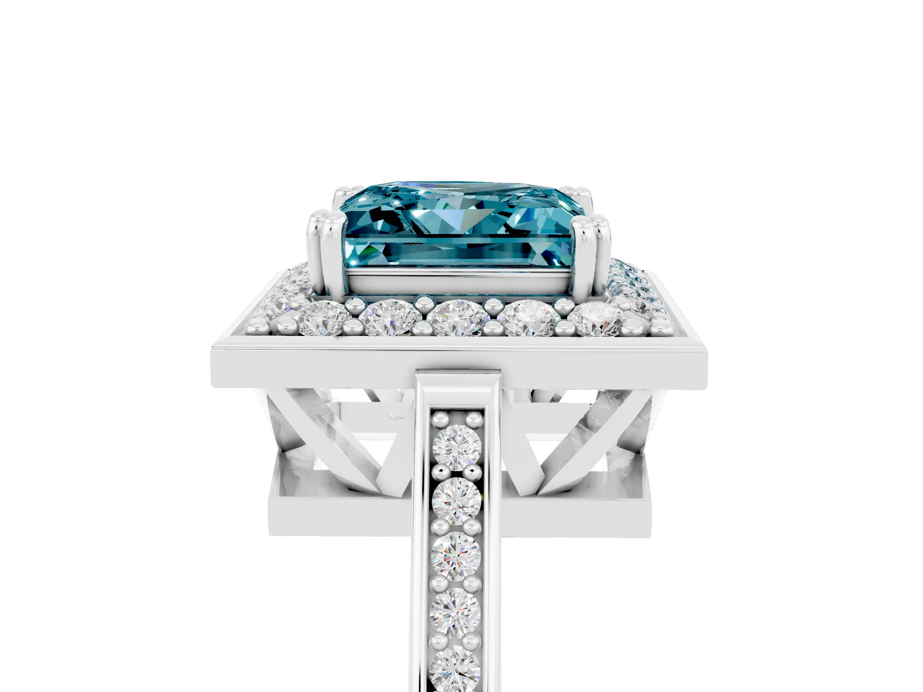White gold Princess Cut Blue Topaz Halo Ring with Split Shank and Four-Prong Setting_17