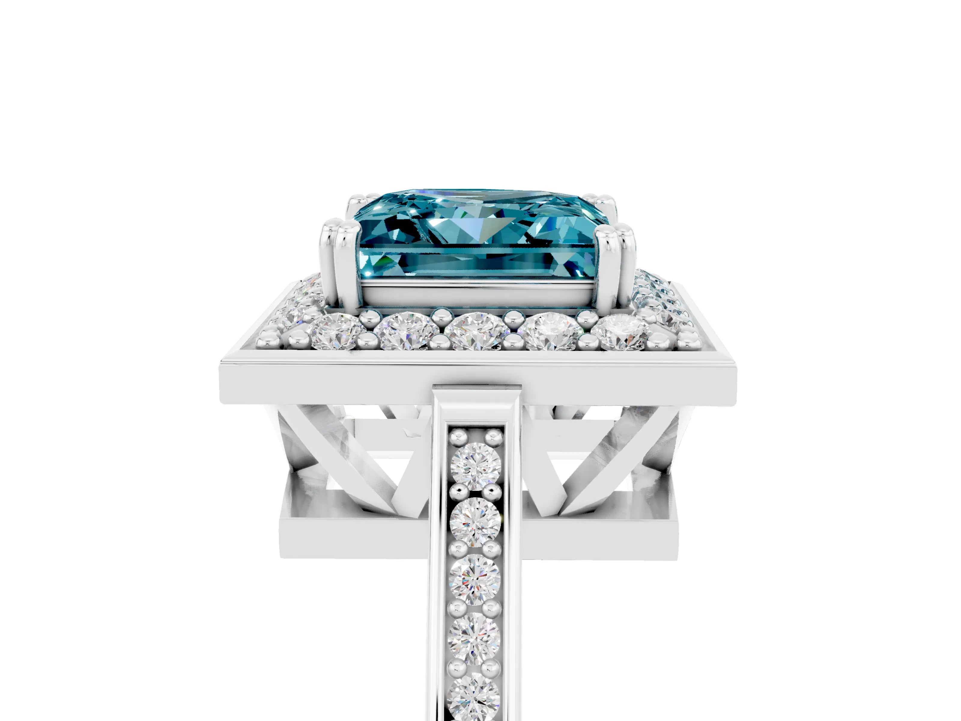 White gold Princess Cut Blue Topaz Halo Ring with Split Shank and Four-Prong Setting_17