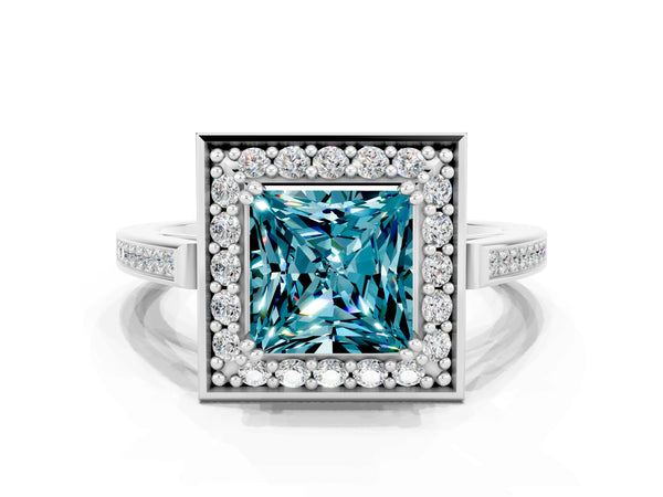 White gold Princess Cut Blue Topaz Halo Ring with Split Shank and Four-Prong Setting