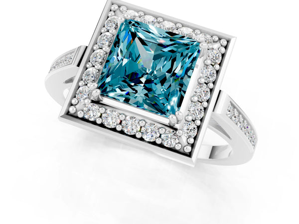 White gold Princess Cut Blue Topaz Halo Ring with Split Shank and Four-Prong Setting