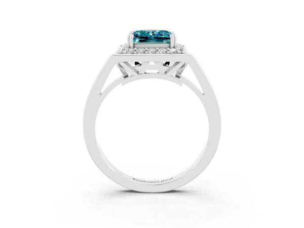White gold Princess Cut Blue Topaz Halo Ring with Split Shank and Four-Prong Setting