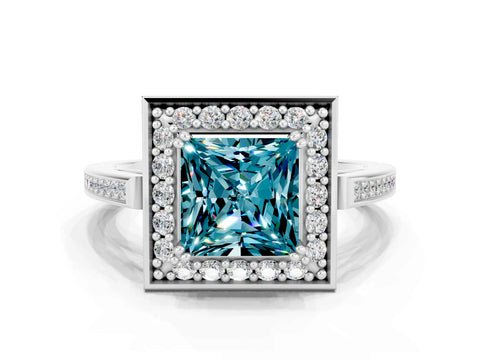 White gold Princess Cut Blue Topaz Halo Ring with Split Shank and Four-Prong Setting_24