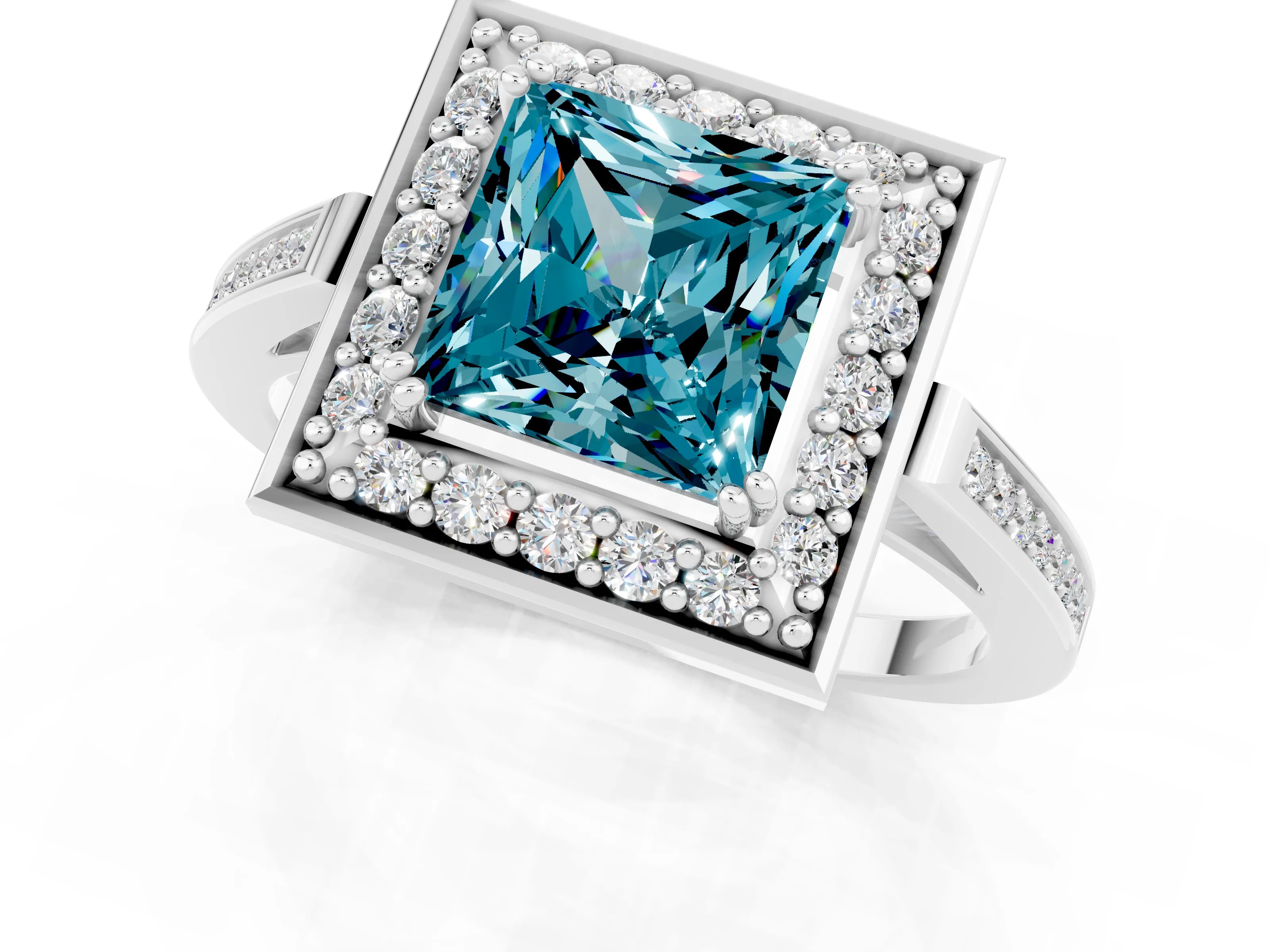 White gold Princess Cut Blue Topaz Halo Ring with Split Shank and Four-Prong Setting_25