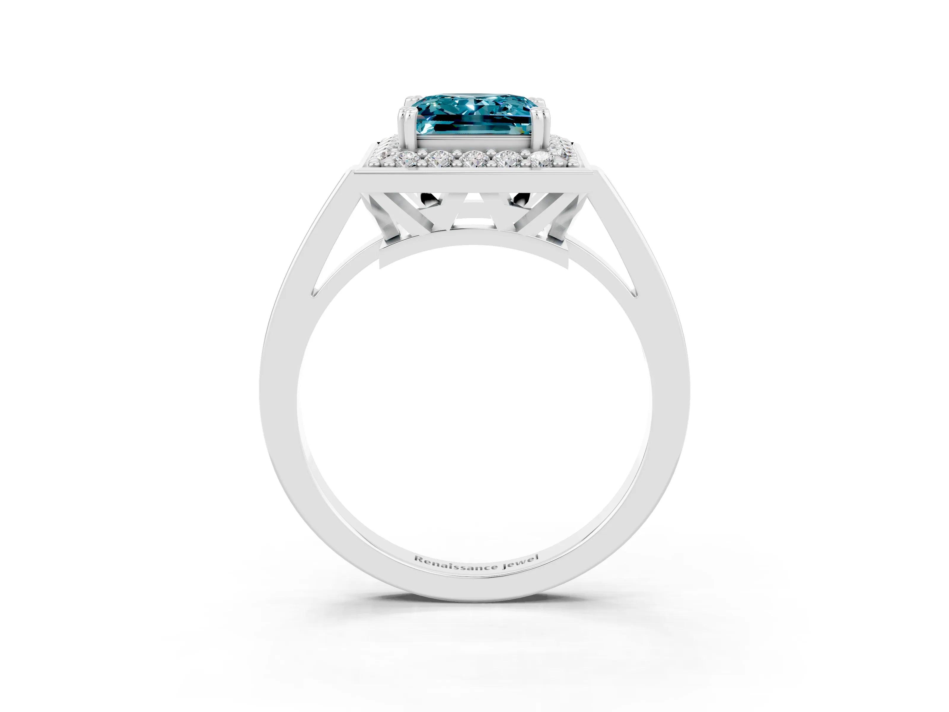 White gold Princess Cut Blue Topaz Halo Ring with Split Shank and Four-Prong Setting_27