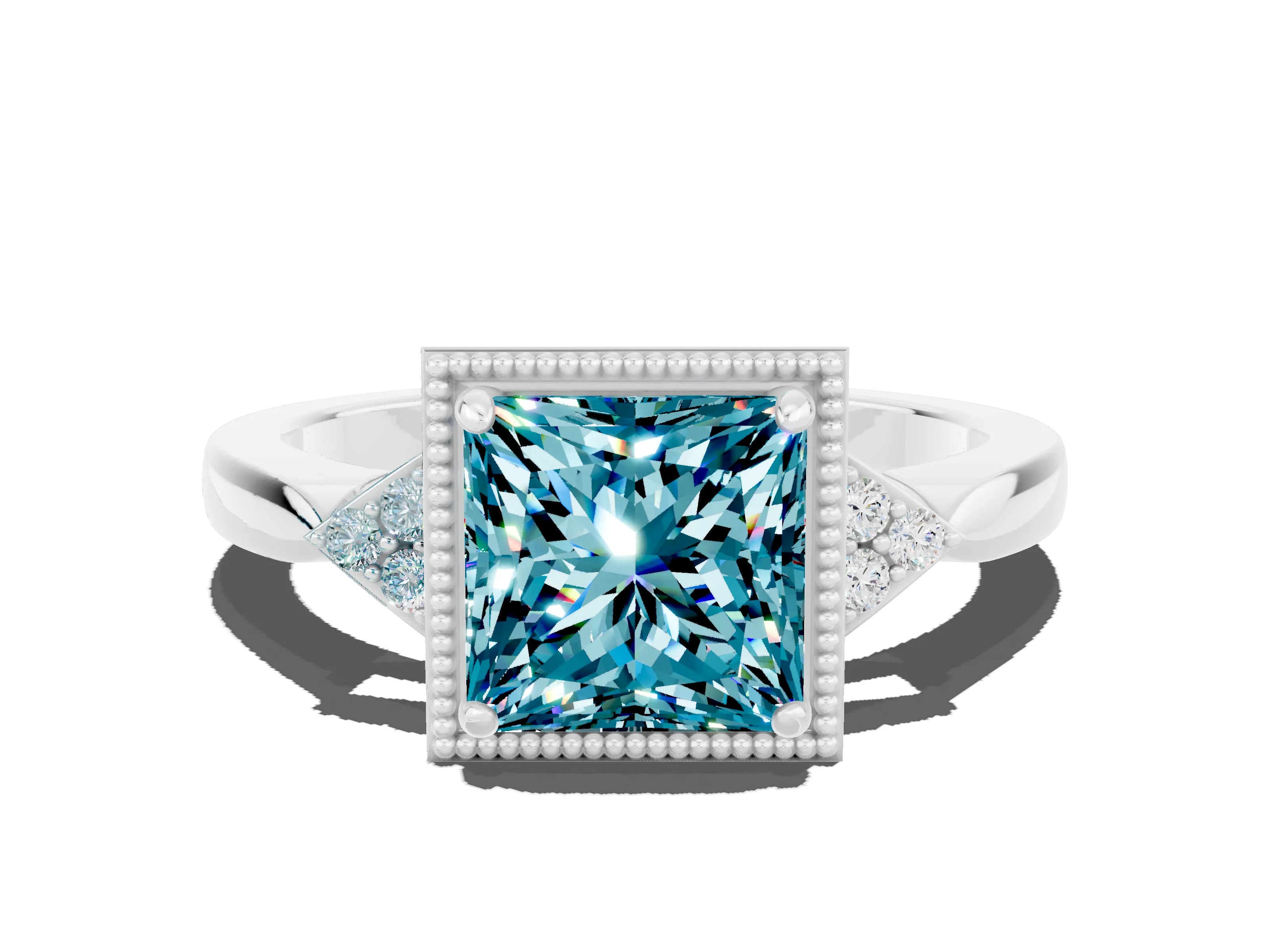 White gold Princess Cut Blue Topaz Halo Ring with Tapered Band and Four-Prong Setting