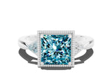 White gold Princess Cut Blue Topaz Halo Ring with Tapered Band and Four-Prong Setting