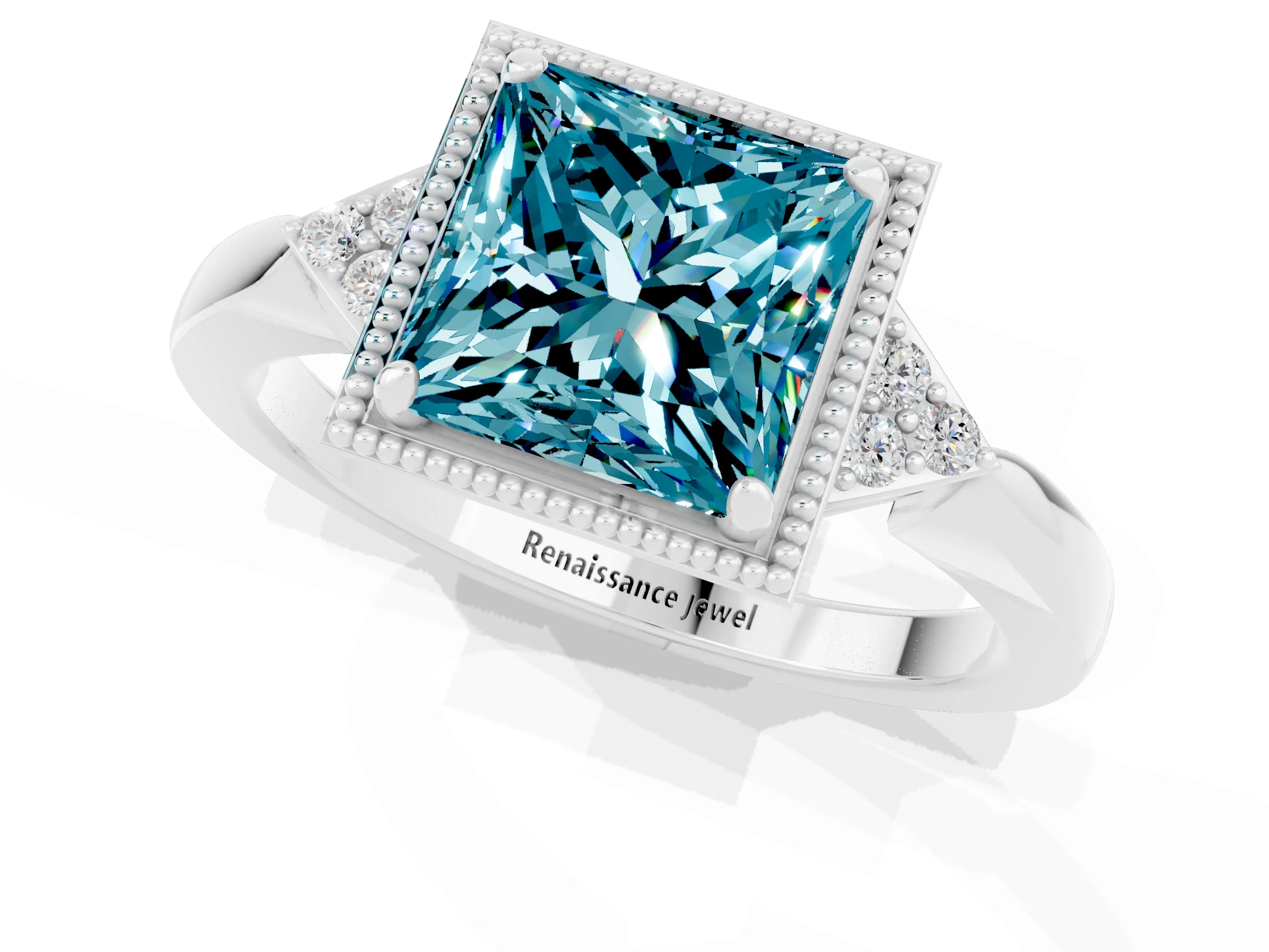 White gold Princess Cut Blue Topaz Halo Ring with Tapered Band and Four-Prong Setting_1
