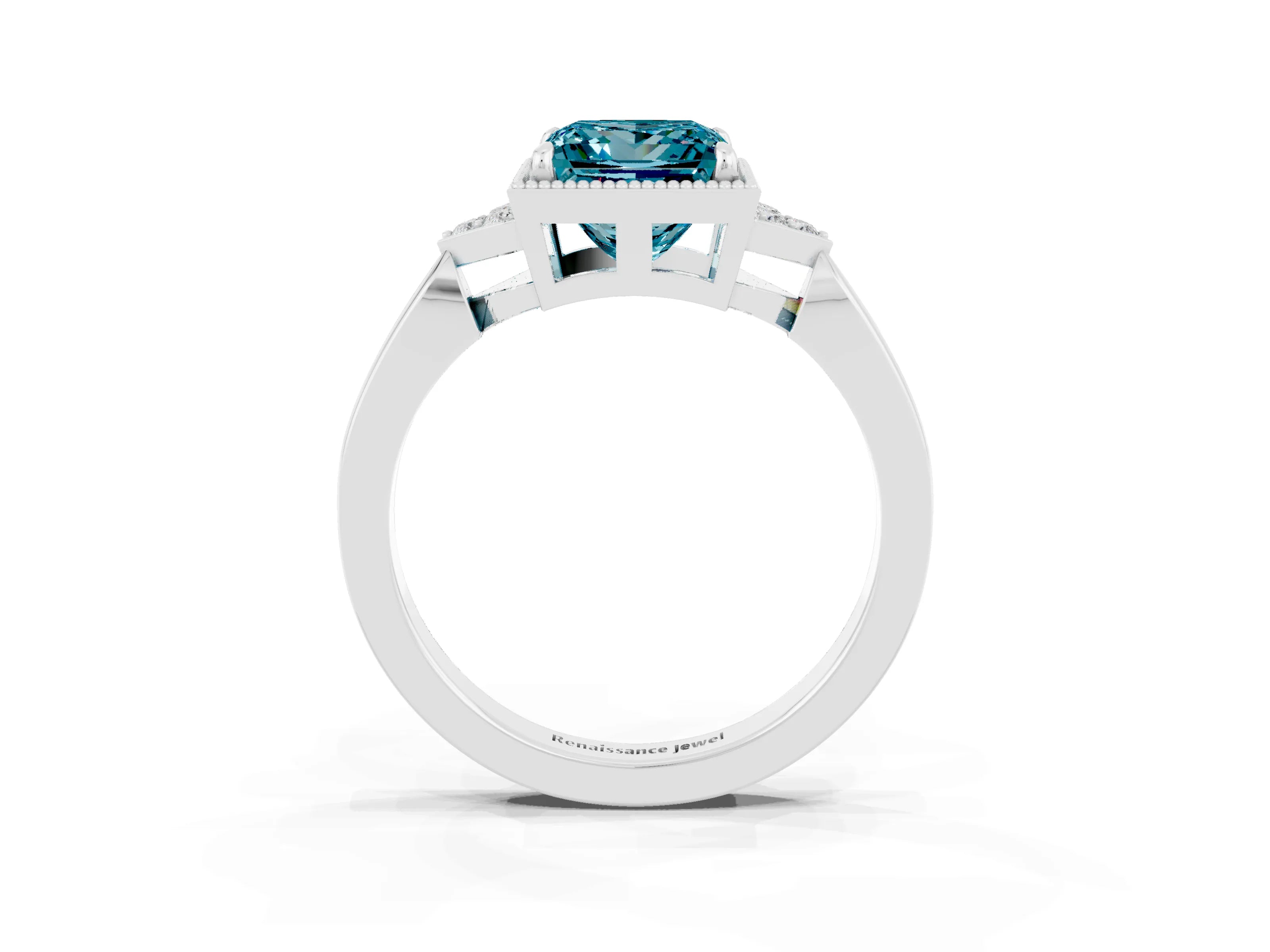 White gold Princess Cut Blue Topaz Halo Ring with Tapered Band and Four-Prong Setting_3