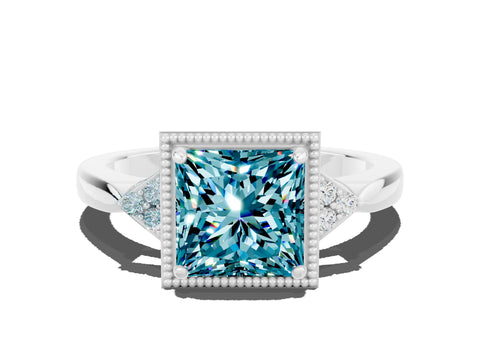 White gold Princess Cut Blue Topaz Halo Ring with Tapered Band and Four-Prong Setting