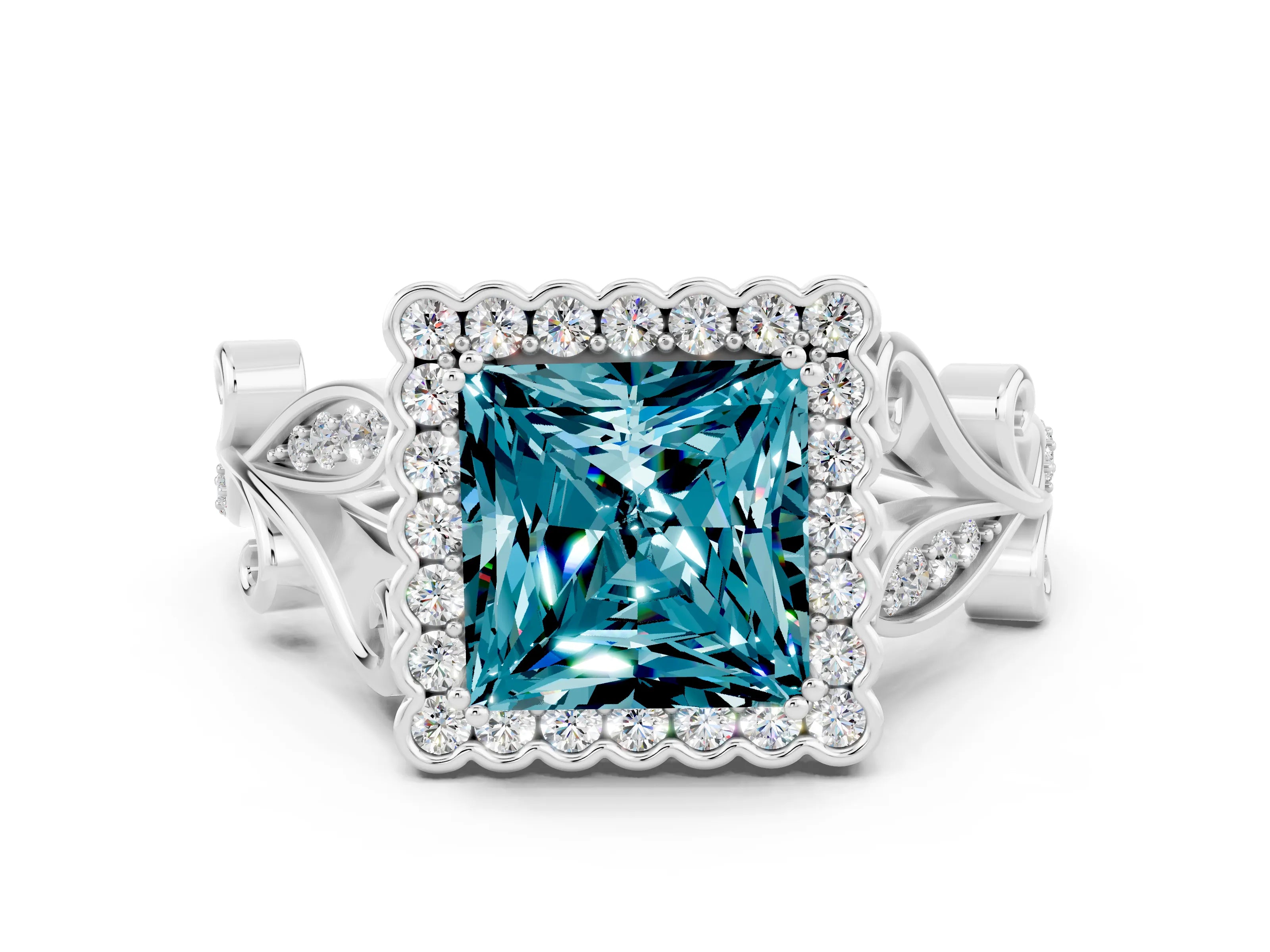 White gold Princess Cut Blue Topaz Halo Ring with Vintage Split Shank and Four-Prong Setting_24