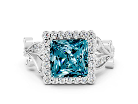 White gold Princess Cut Blue Topaz Halo Ring with Vintage Split Shank and Four-Prong Setting_24