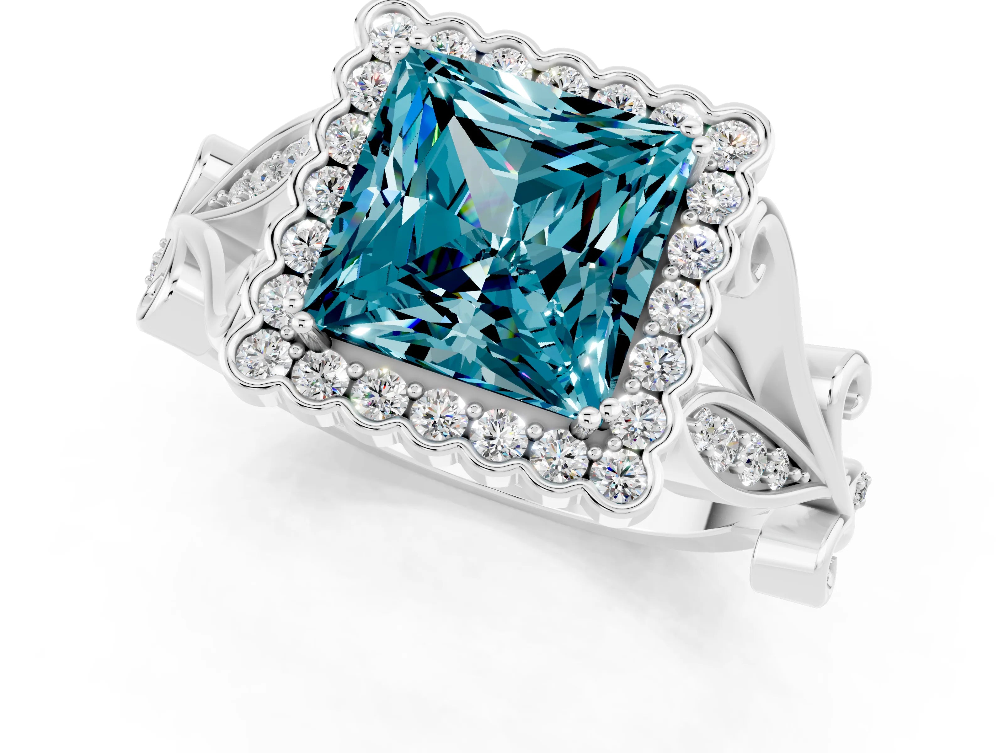White gold Princess Cut Blue Topaz Halo Ring with Vintage Split Shank and Four-Prong Setting_25