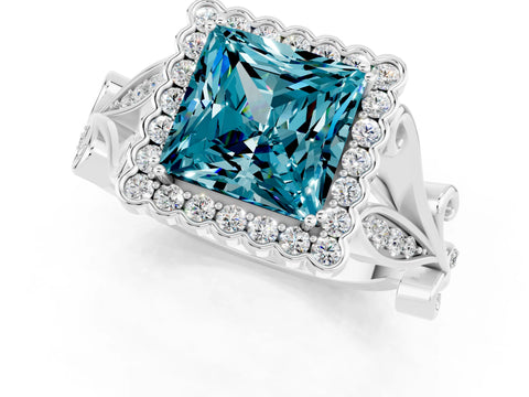White gold Princess Cut Blue Topaz Halo Ring with Vintage Split Shank and Four-Prong Setting_25