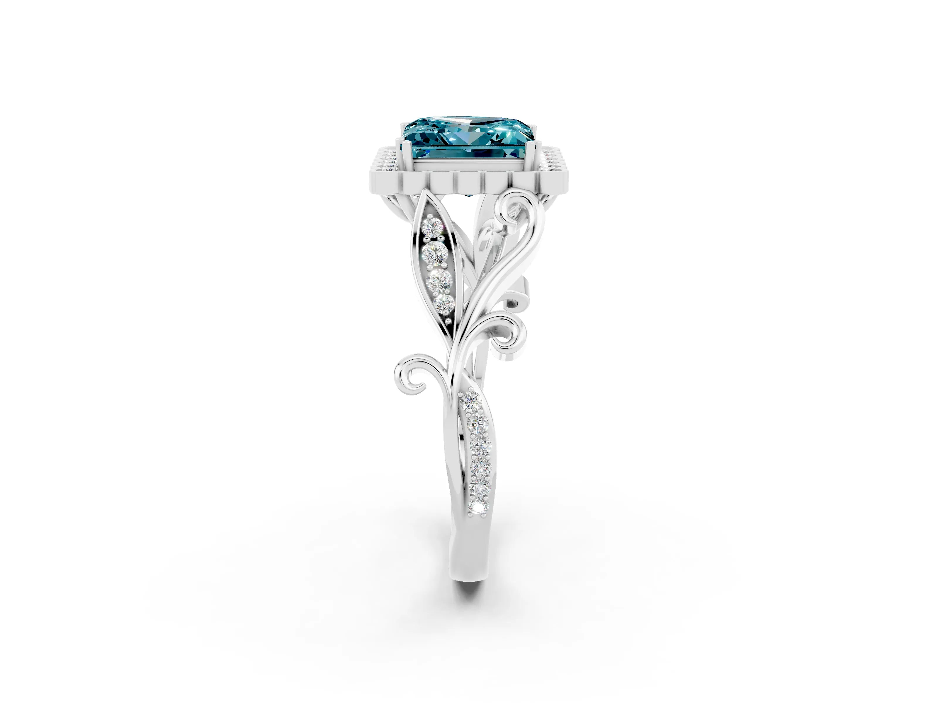 White gold Princess Cut Blue Topaz Halo Ring with Vintage Split Shank and Four-Prong Setting_26